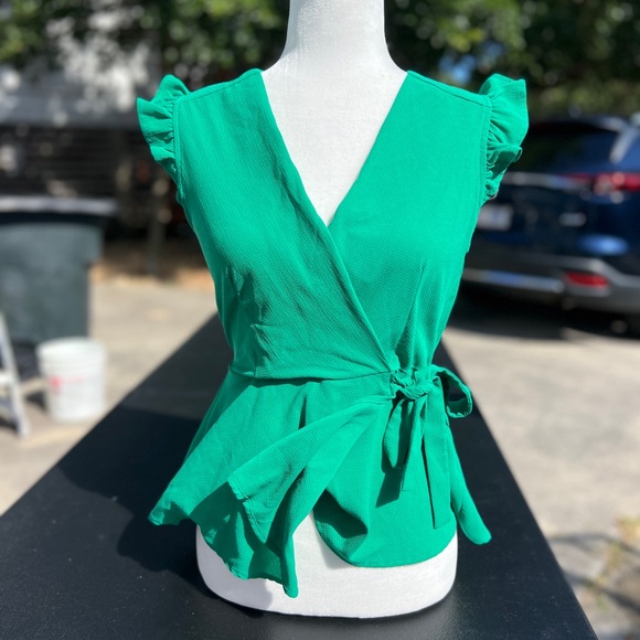 Monteau Tops - Preplum faux wrap green top faux tie flutter